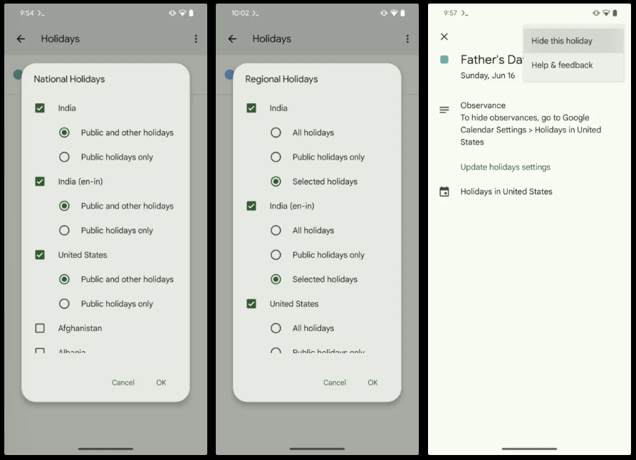 selected google calender holiday